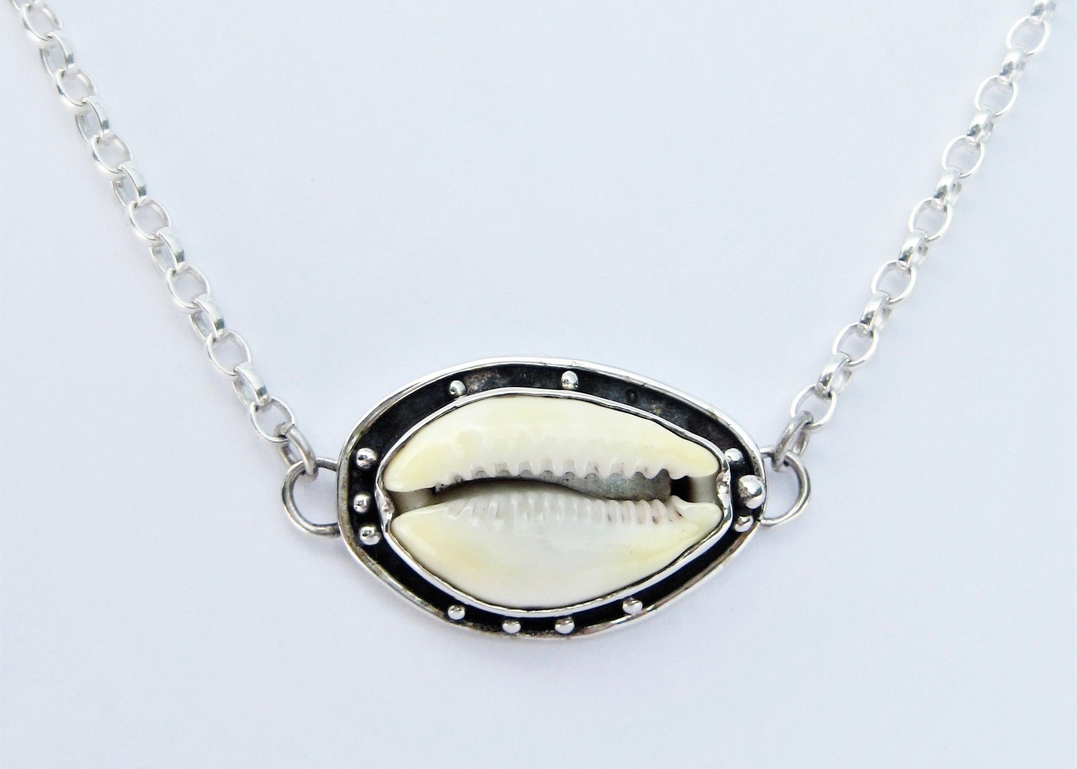 Cowrie Shell with Oxidised Edge Pendant